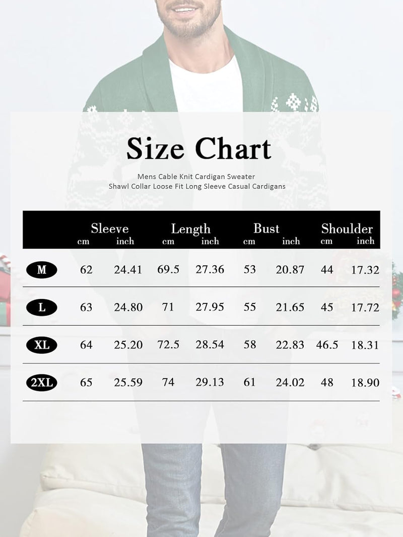 Grüner Strickcardigan mit Schalkragen, Herrenmode, Größentabelle, lässiger Stil.