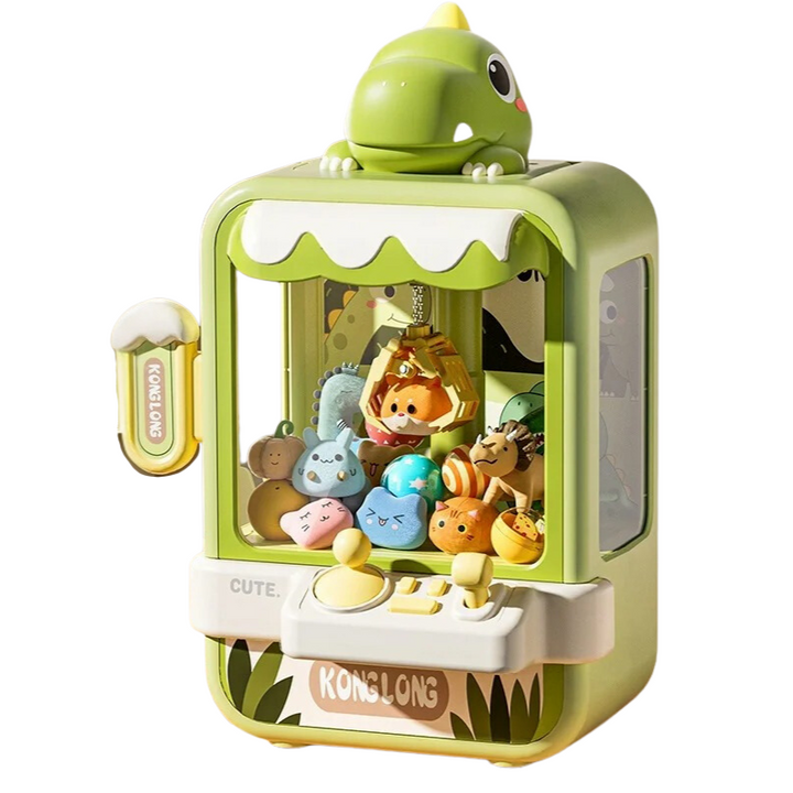 Grüner Dinosaurier-Spielautomat mit Plüschtieren, Kinderzimmer-Dekoration, Geschenkidee.