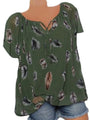Grüne Damenbluse mit Federprint, Kurzarm, lässig, Sommermode, Baumwolle.