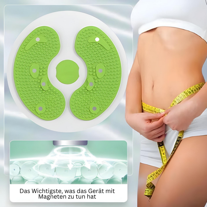 Grünes Magnet-Twistboard für Fitness und Bauchtraining, Frau misst Taille.
