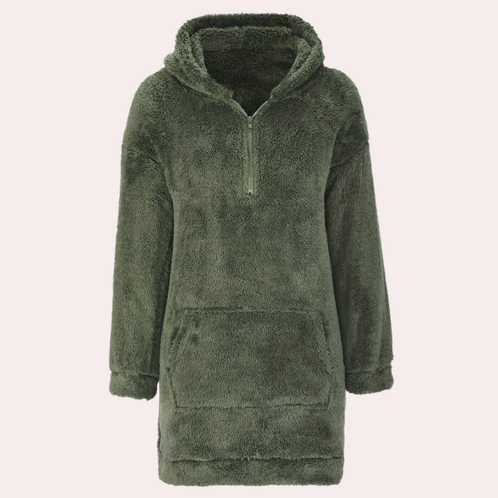 Grüner Fleece-Hoodie-Kleid mit Kapuze, Reißverschluss, Kängurutasche, Damenmode, Winterbekleidung.