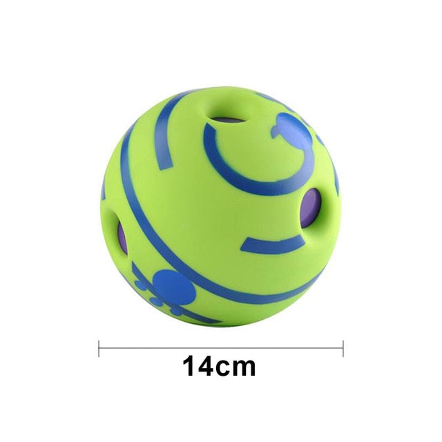 Grüner Hundespielzeugball, 14 cm, mit blauen Mustern, robustes Material.