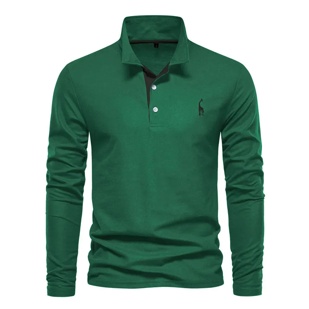 Grünes Langarm-Poloshirt aus Baumwolle mit Knopfleiste und Kragen, Herrenmode.