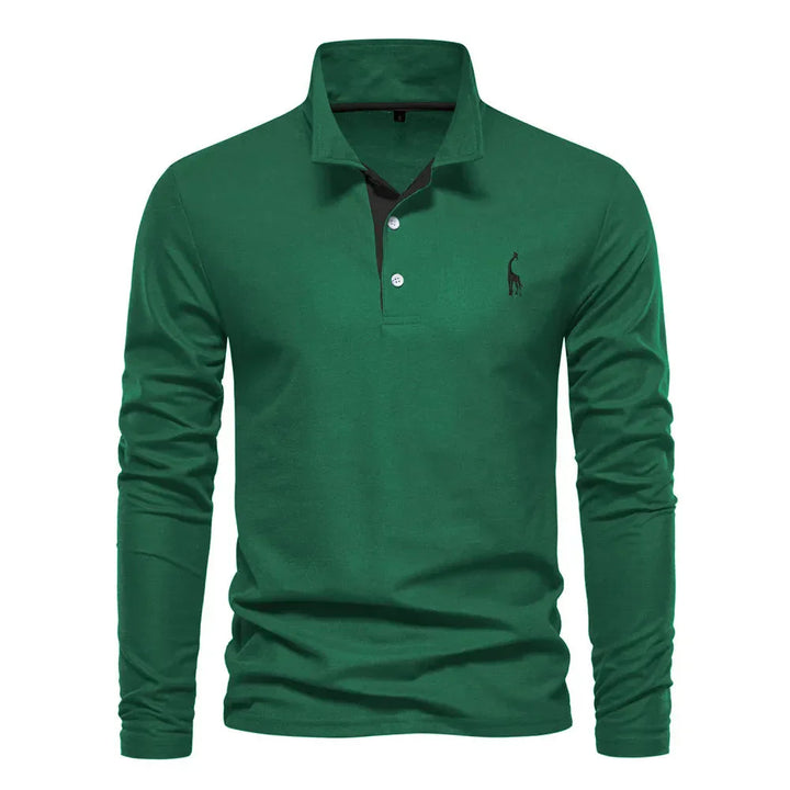 Grünes Langarm-Poloshirt aus Baumwolle mit Knopfleiste und Kragen, Herrenmode.
