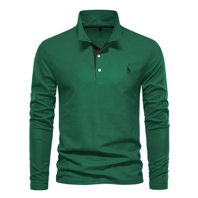 Grünes Langarm-Poloshirt aus Baumwolle mit Knopfleiste und Kragen, Herrenmode.