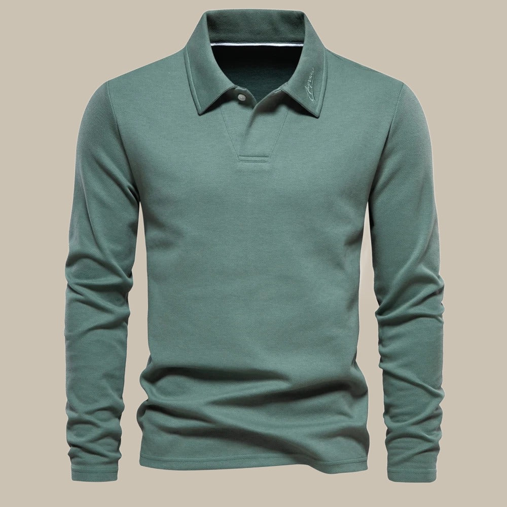 Grünes Langarm-Poloshirt für Herren, Baumwolle, klassischer Kragen, Freizeitmode.