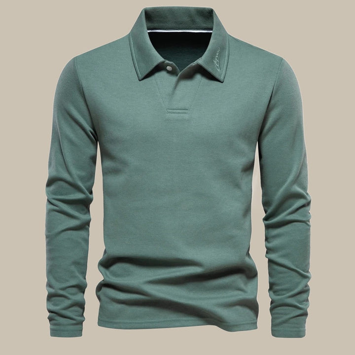Grünes Langarm-Poloshirt für Herren, Baumwolle, klassischer Kragen, Freizeitmode.