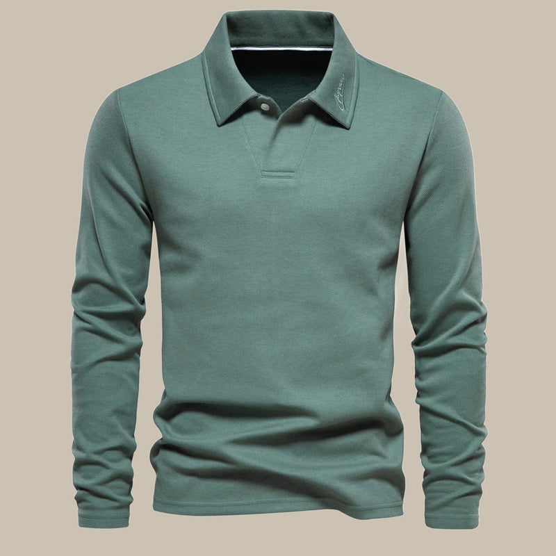 Grünes Langarm-Poloshirt für Herren, Baumwolle, klassischer Kragen, Freizeitmode.