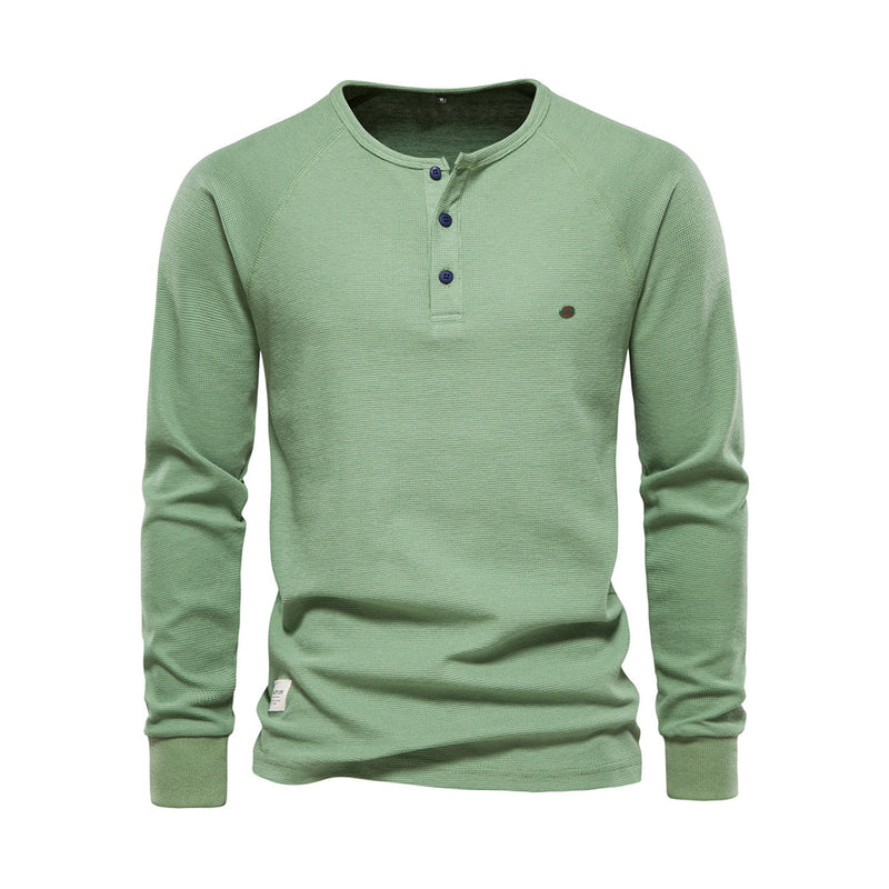 Grünes Herren-Henley-Shirt, Langarm, Baumwolle, Knopfleiste, Freizeitmode.