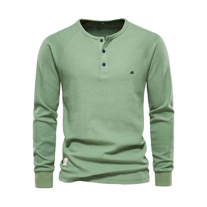 Grünes Herren-Henley-Shirt, Langarm, Baumwolle, Knopfleiste, Freizeitmode.