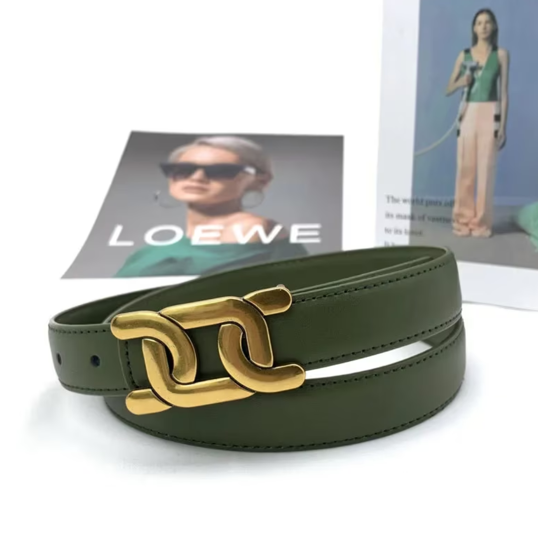 Grüner Ledergürtel mit goldener Schnalle, modisch, hochwertig, Damenaccessoire.