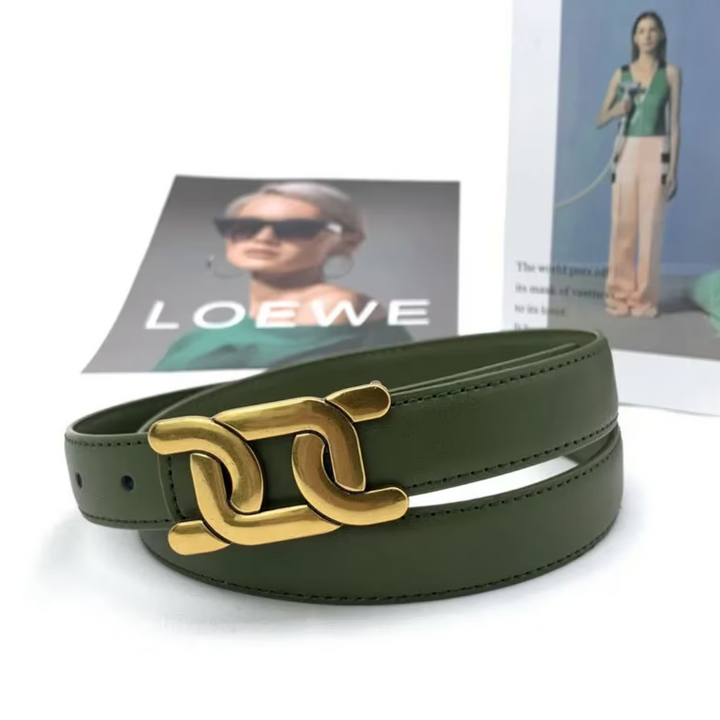 Grüner Ledergürtel mit goldener Schnalle, modisch, hochwertig, Damenaccessoire.