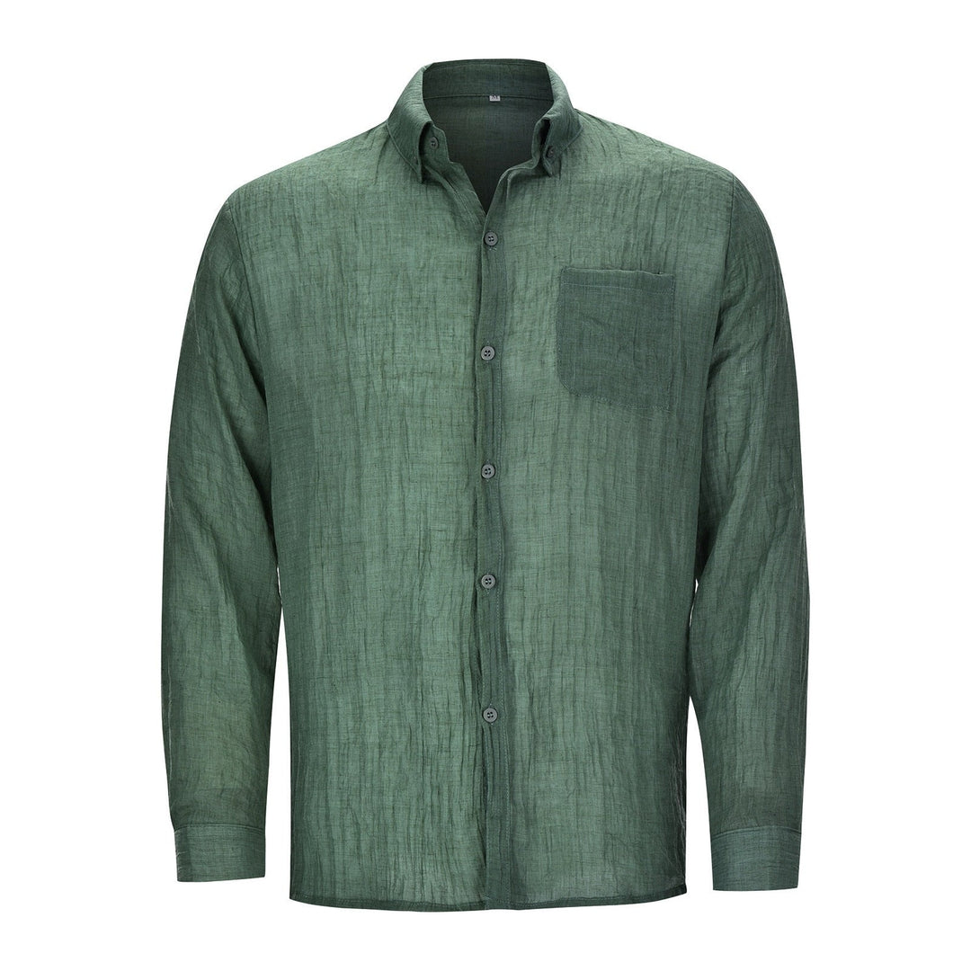 Grünes Leinenhemd für Herren, langärmelig, Knopfleiste, Brusttasche, klassischer Kragen.