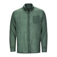 Grünes Leinenhemd für Herren, langärmelig, Knopfleiste, Brusttasche, klassischer Kragen.