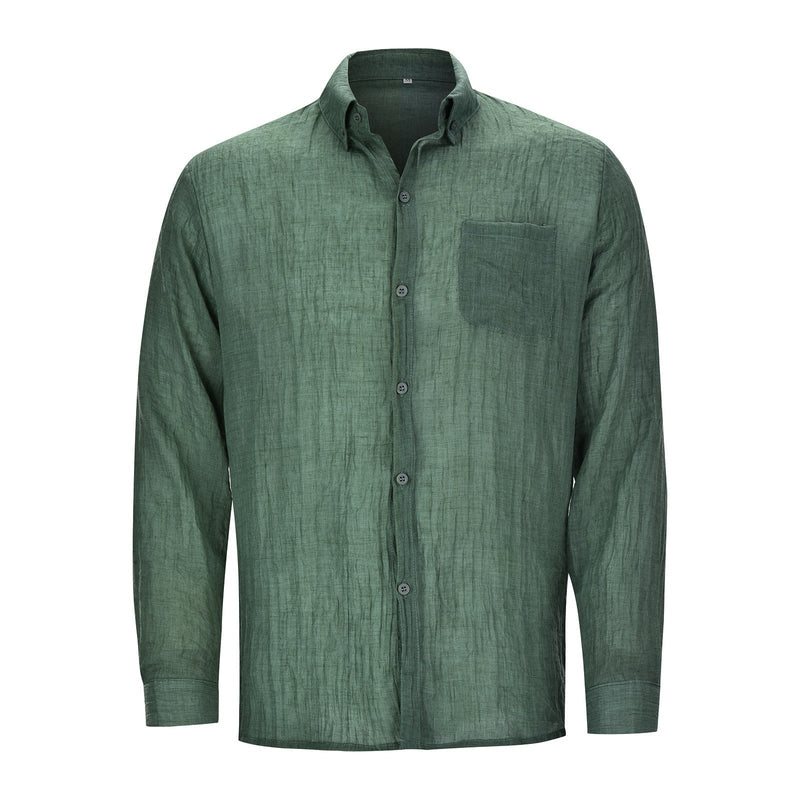 Grünes Leinenhemd für Herren, langärmelig, Knopfleiste, Brusttasche, klassischer Kragen.