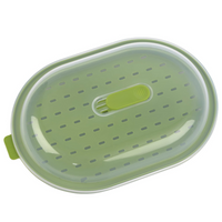 Grüner Kunststoff-Lebensmittelbehälter mit Deckel, oval, stapelbar, für Frischhaltung.