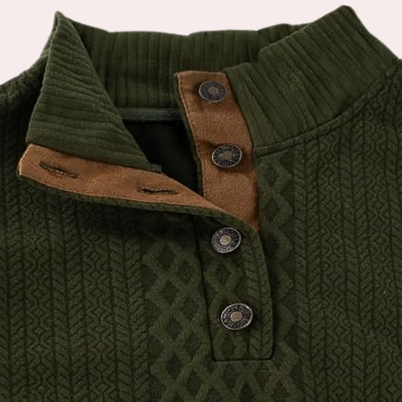 Grüner Herrenpullover mit Knopfleiste, Strickmuster, Stehkragen, Baumwolle.
