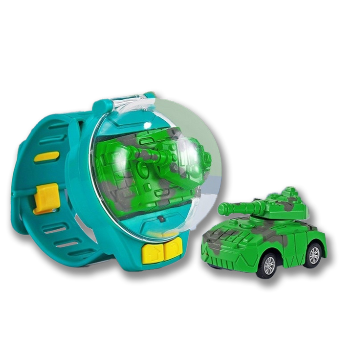 Grüner Spielzeugpanzer mit blauer Armbanduhr, Kinder, Kunststoff, Geschenkidee.