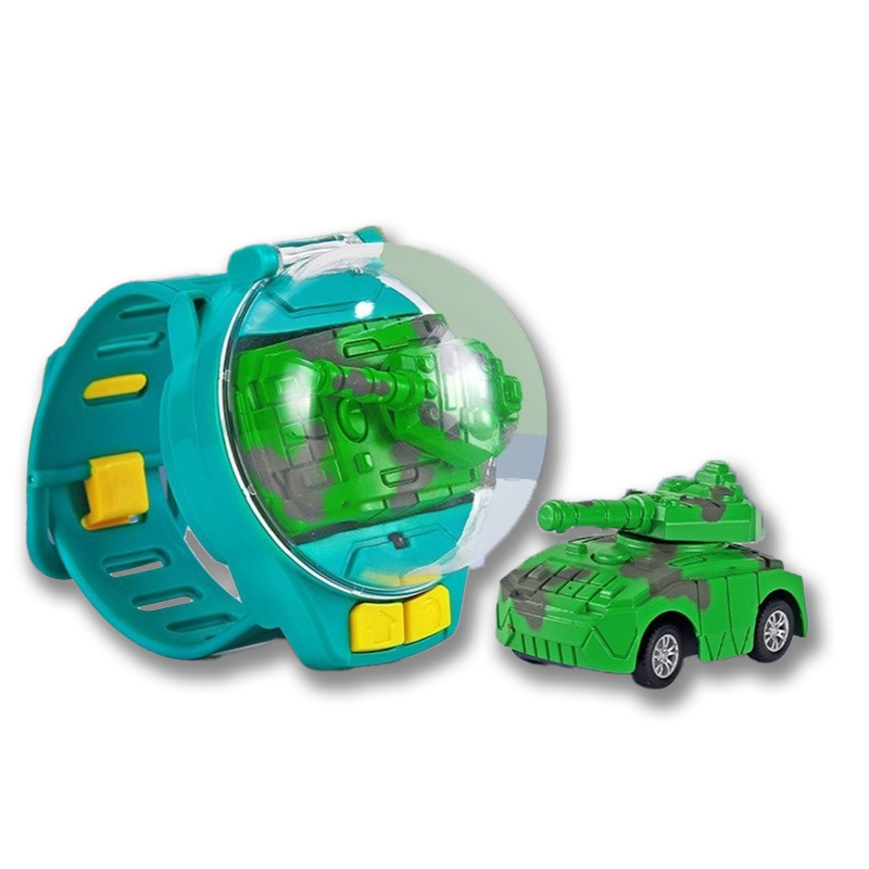 Grüner Spielzeugpanzer mit blauer Armbanduhr, Kinder, Kunststoff, Geschenkidee.