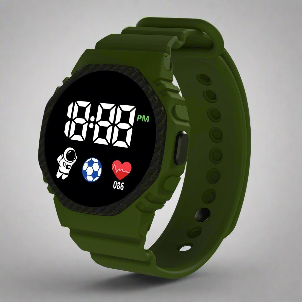 Grüne Smartwatch mit digitaler Anzeige, Sport-Icons, Herzfrequenzmesser, Silikonarmband.