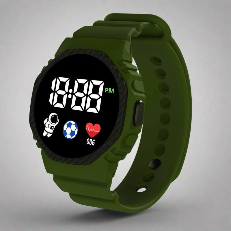 Grüne Smartwatch mit digitaler Anzeige, Sport-Icons, Herzfrequenzmesser, Silikonarmband.