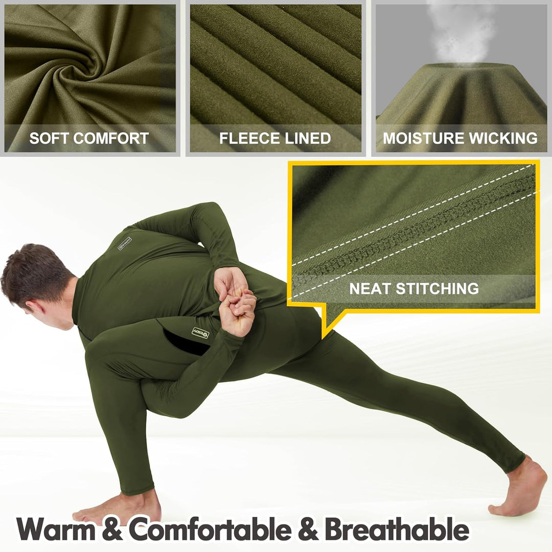 Grünes Thermo-Unterwäsche-Set, fleecegefüttert, feuchtigkeitsableitend, für Herren.