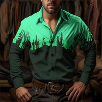 Grünes Westernhemd mit Kaktusmotiv, Herrenmode, Langarm, Baumwolle, Freizeitkleidung.