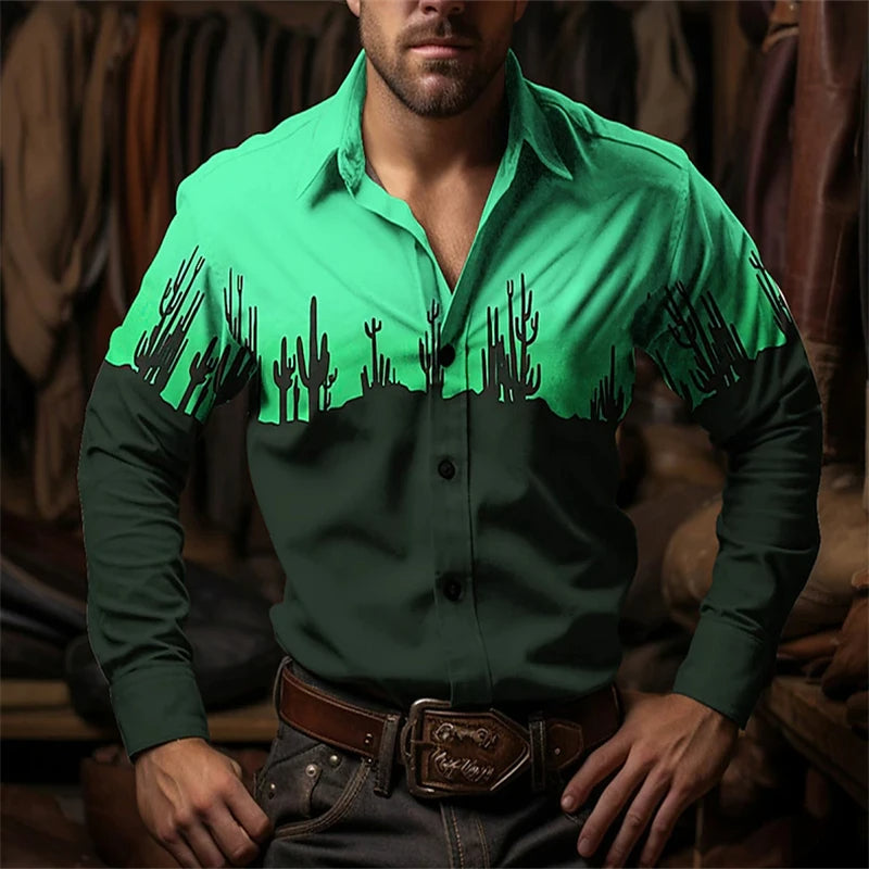 Grünes Westernhemd mit Kaktusmotiv, Herrenmode, Langarm, Baumwolle, Freizeitkleidung.