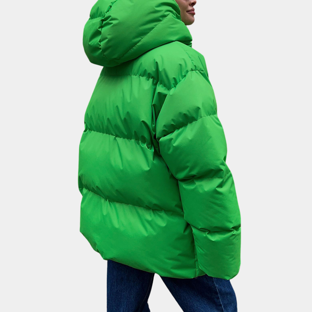 Grüne Daunenjacke mit Kapuze, Damenmode, Winterbekleidung, warm, stilvoll, lässig.