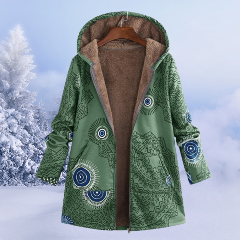 Grüne Damenjacke mit Kapuze, Mandala-Muster, Wintermode, warm gefüttert, Outdoor-Bekleidung.