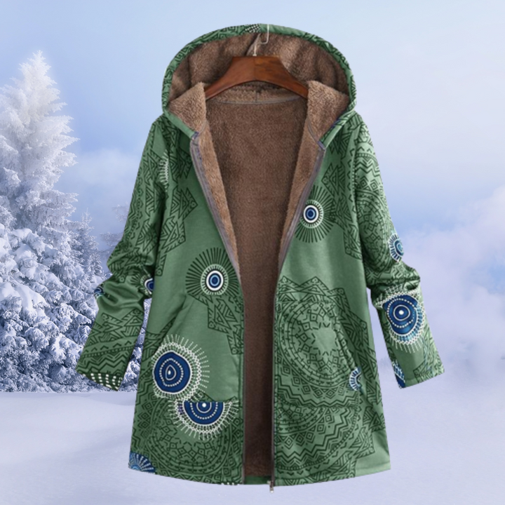 Grüne Damenjacke mit Kapuze, Mandala-Muster, Wintermode, warm gefüttert, Outdoor-Bekleidung.