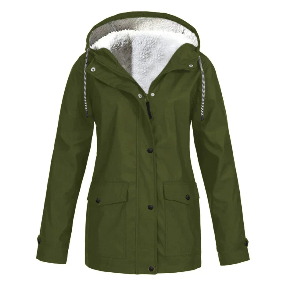 Damen Winterjacke grün, gefüttert, Kapuze, Taschen, warm, Outdoor, modisch, wasserdicht.