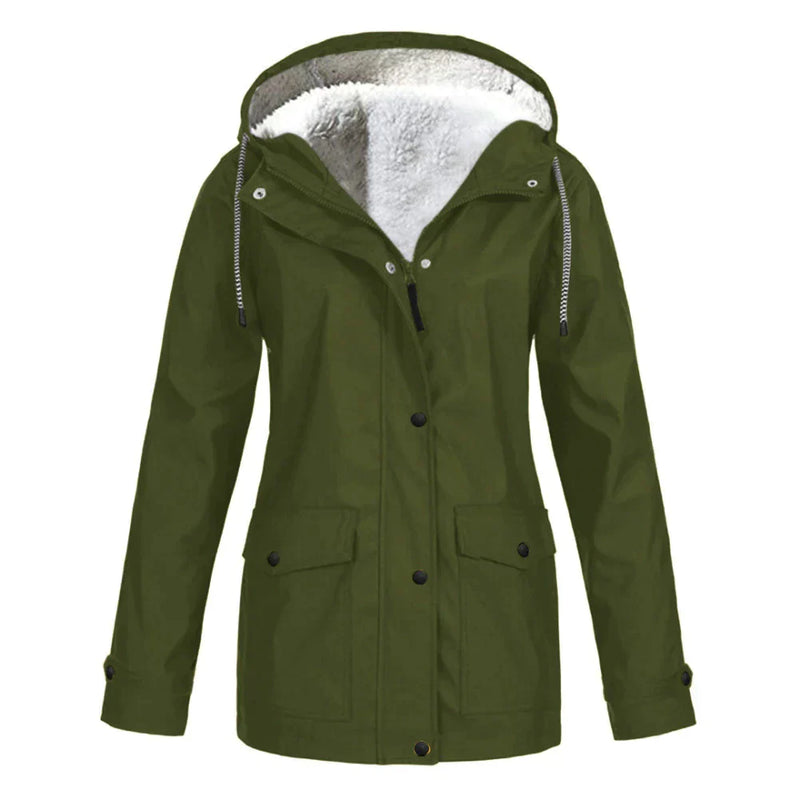 Damen Winterjacke grün, gefüttert, Kapuze, Taschen, warm, Outdoor, modisch, wasserdicht.