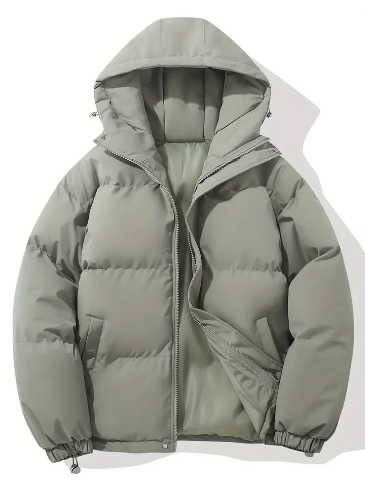 Grüne Daunenjacke mit Kapuze, Reißverschluss, warm, Wintermode, Unisex, Outdoor-Bekleidung.