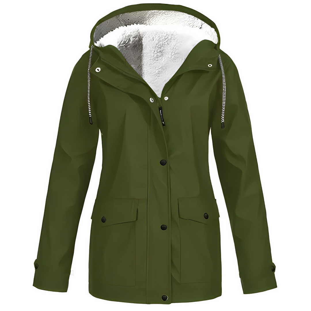Grüne Damenjacke mit Kapuze, wasserdicht, Fleece-Innenfutter, Outdoor-Bekleidung.