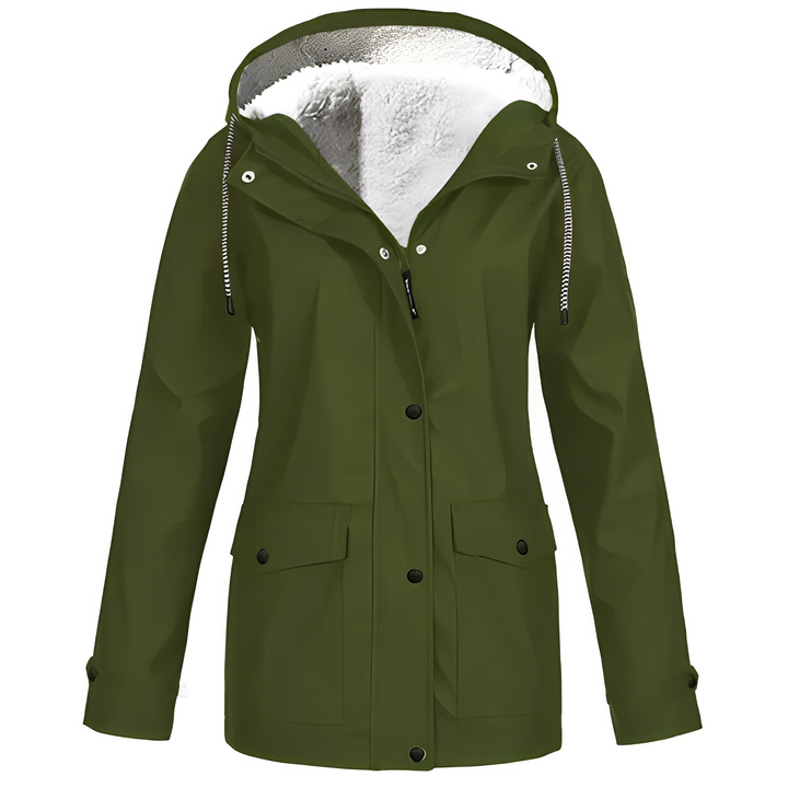 Grüne Damenjacke mit Kapuze, wasserdicht, Fleece-Innenfutter, Outdoor-Bekleidung.