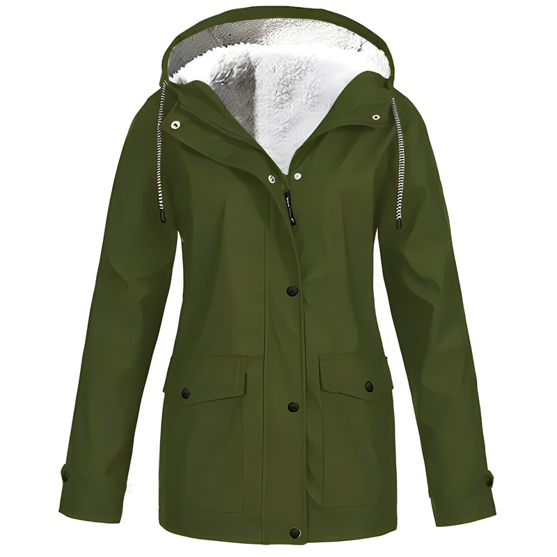 Grüne Damenjacke mit Kapuze, wasserdicht, Fleece-Innenfutter, Outdoor-Bekleidung.