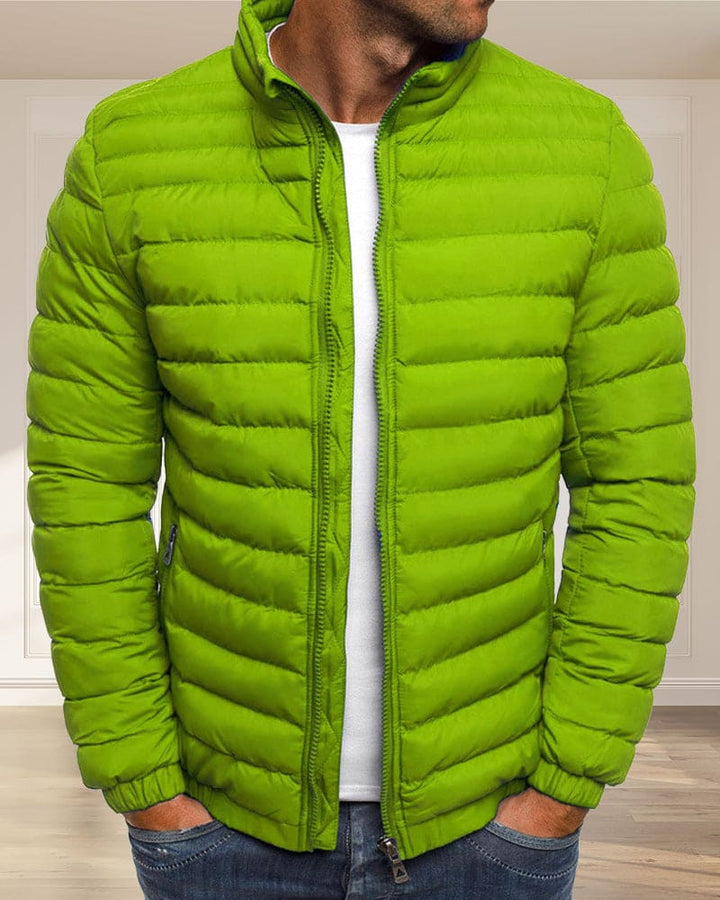 Grüne Herren-Daunenjacke, Stehkragen, Reißverschluss, modisch, warm, Winterbekleidung.