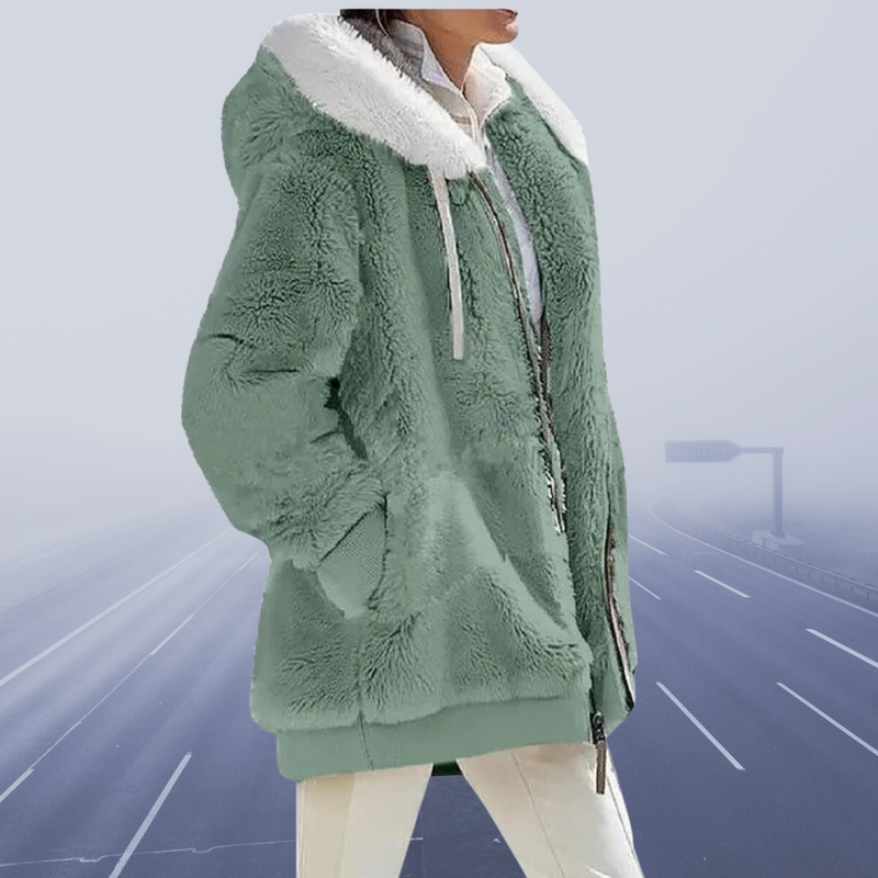 Damen Winterjacke grün, Plüsch, Kapuze, Reißverschluss, warm, modisch, Outdoor-Bekleidung