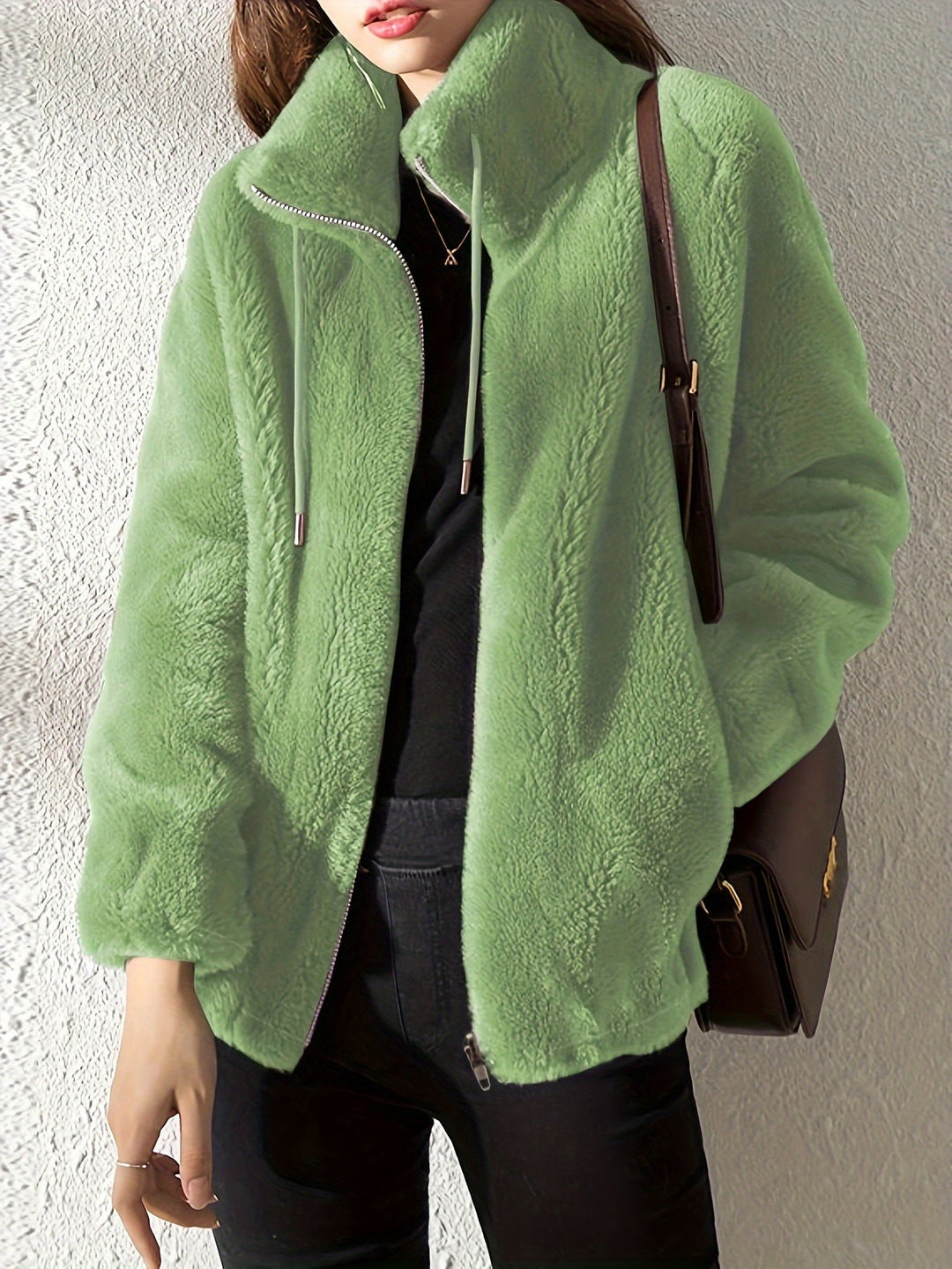 Damenjacke aus grünem Fleece, Reißverschluss, modisch, warm, Winterbekleidung, lässig.