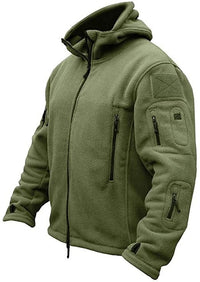 Armeegrüne Fleecejacke mit Kapuze, Reißverschlusstaschen, Outdoor-Bekleidung.
