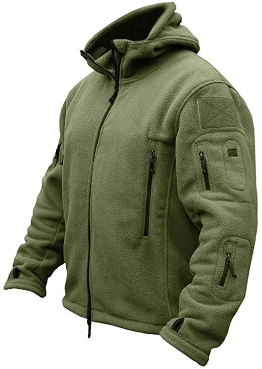 Armeegrüne Fleecejacke mit Kapuze, Reißverschlusstaschen, Outdoor-Bekleidung.
