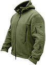 Armeegrüne Fleecejacke mit Kapuze, Reißverschlusstaschen, Outdoor-Bekleidung.