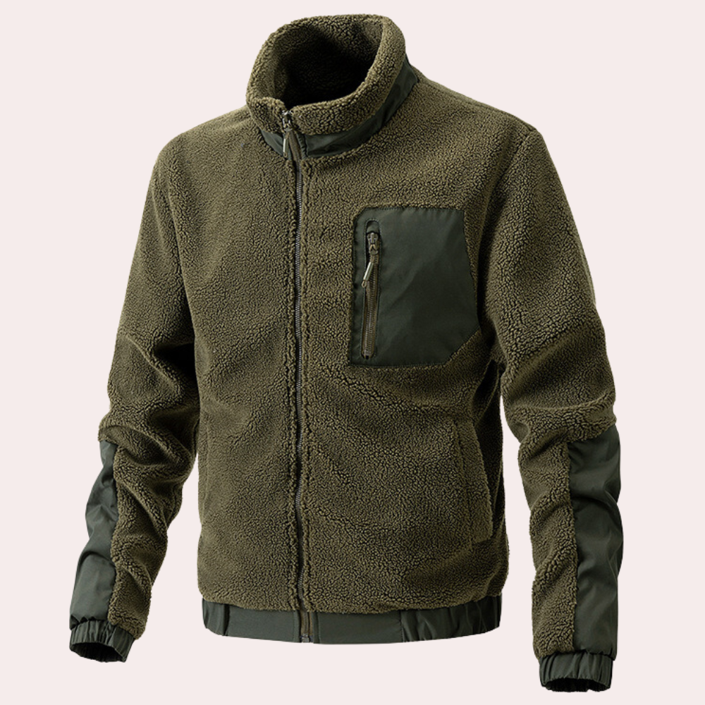 Olivgrüne Fleecejacke mit Reißverschluss und Brusttasche, Herrenmode, Outdoor-Bekleidung.