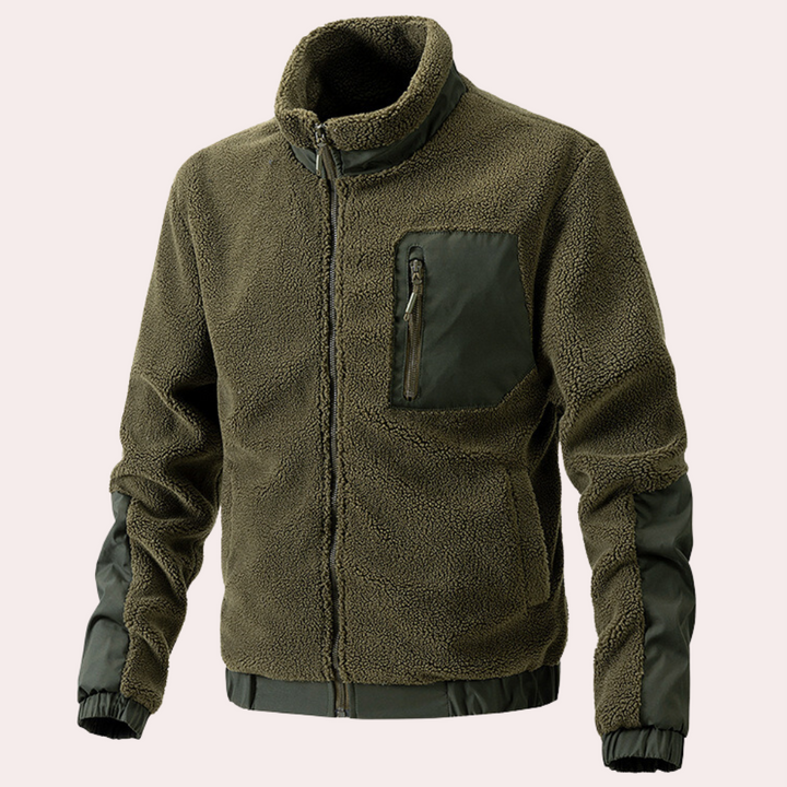 Olivgrüne Fleecejacke mit Reißverschluss und Brusttasche, Herrenmode, Outdoor-Bekleidung.