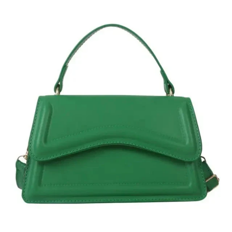 Grüne Lederhandtasche, elegante Damenmode, stilvolles Accessoire, modische Tasche.