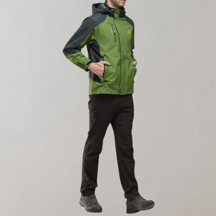 Grüne Outdoor-Jacke für Herren, wasserdicht, mit Kapuze, ideal für Wandern und Trekking.