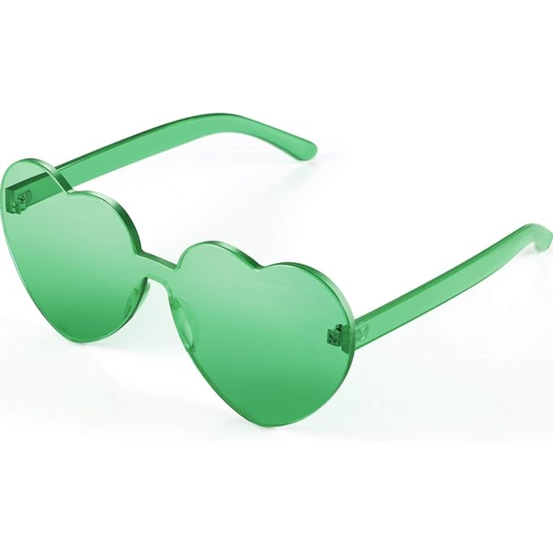 Grüne herzförmige Sonnenbrille aus Kunststoff, modisches Accessoire für Damen.
