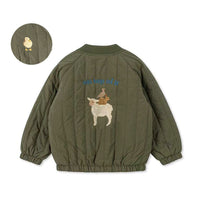 Olivgrüne Kinderjacke mit Schaf- und Kükenstickerei, Baumwolle, warm, modisch.