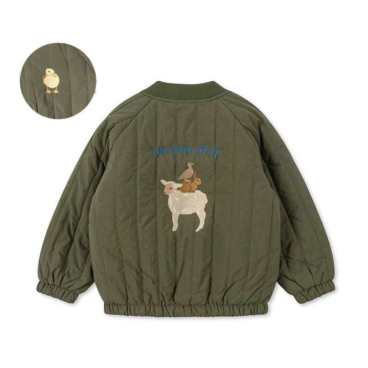 Olivgrüne Kinderjacke mit Schaf- und Kükenstickerei, Baumwolle, warm, modisch.